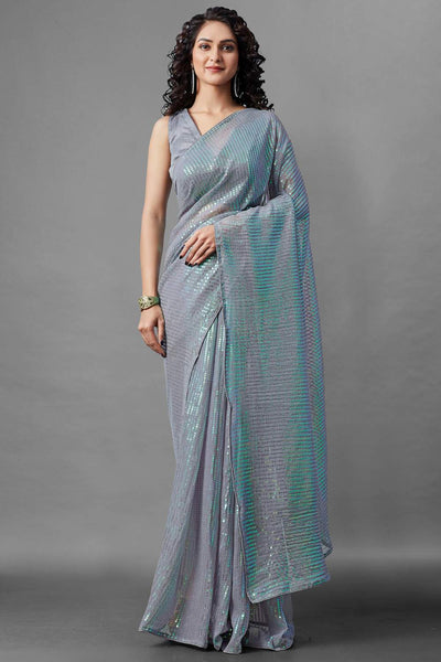 Buy Reese Grey Sequin Embroidery Georgette One Minute Saree Online - One Minute Saree