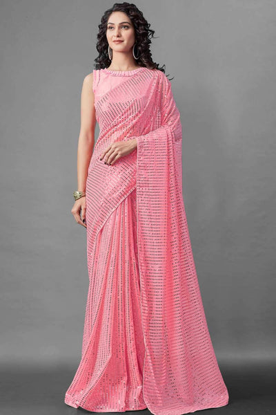 Buy Natasha Pink Sequin Embroidery Georgette One Minute Saree Online - One Minute Saree