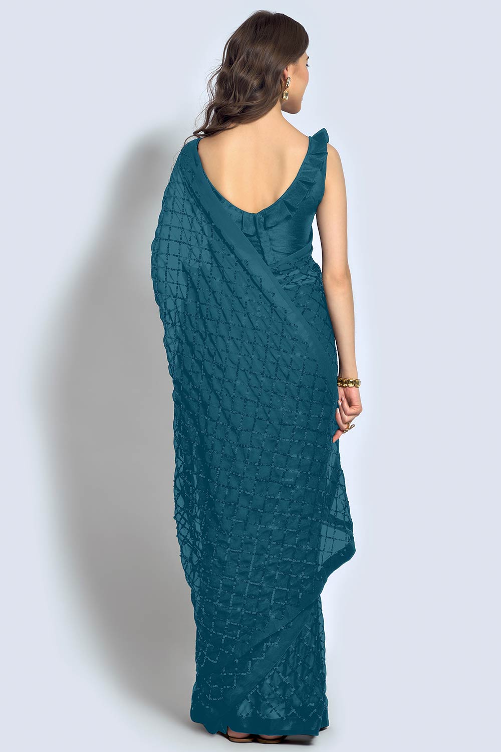 Shop Huda Teal Georgette Sequin One Minute Saree at best offer at our  Store - One Minute Saree