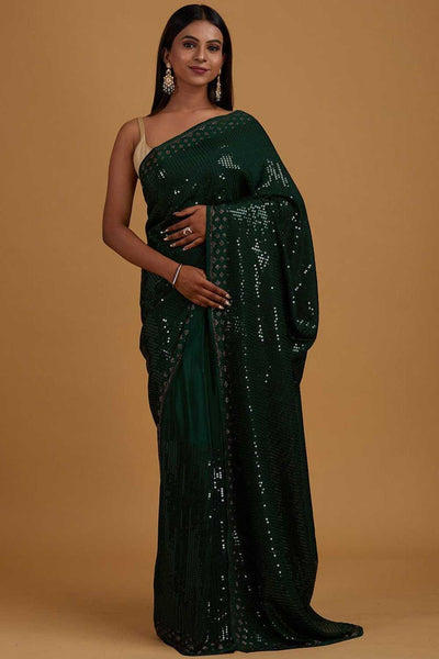 Buy Zoey Green Georgette Sequin One Minute Saree Online - One Minute Saree