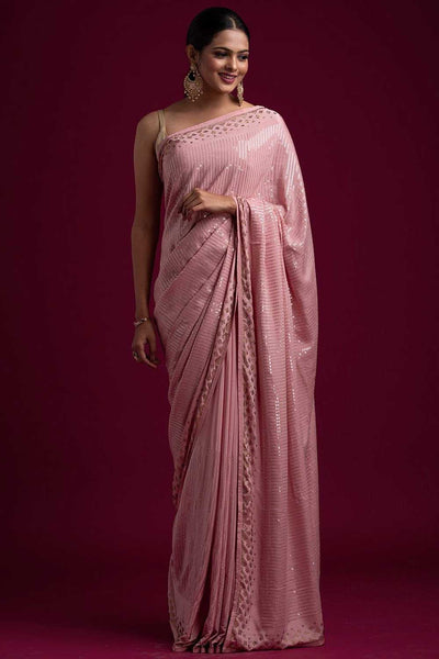 Buy Zina Pink Georgette Sequin One Minute Saree Online - One Minute Saree