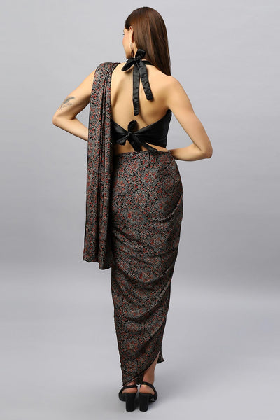 Buy Amara Modal Silk Hand-Printed Ajrakh Sarong Saree Online
