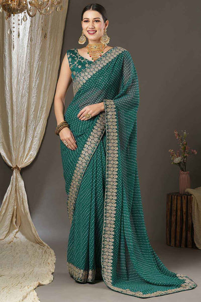 Buy Abby Teal Blue Georgette Zari Embroidered Bandhani One Minute Saree Online - One Minute Saree