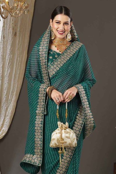Buy Abby Teal Blue Georgette Zari Embroidered Bandhani One Minute Saree Online - Front