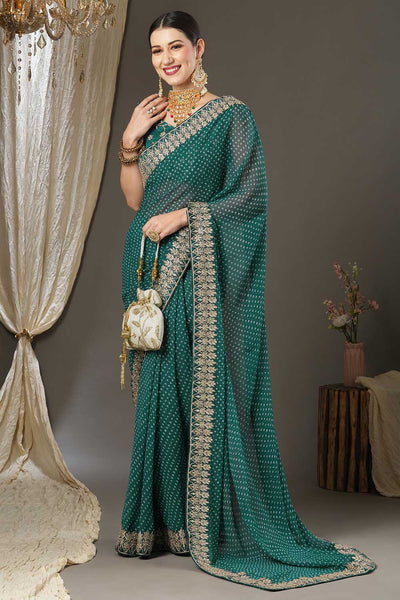 Buy Abby Teal Blue Georgette Zari Embroidered Bandhani One Minute Saree Online - Side