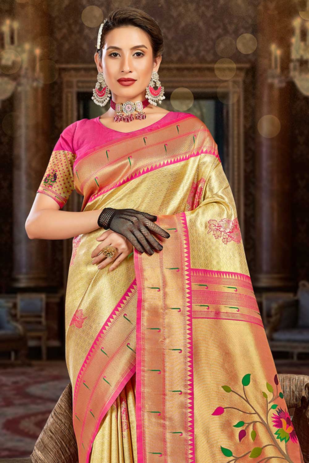 Shop Jaya Beige Paithani Art Silk One Minute Saree at best offer at our  Store - One Minute Saree