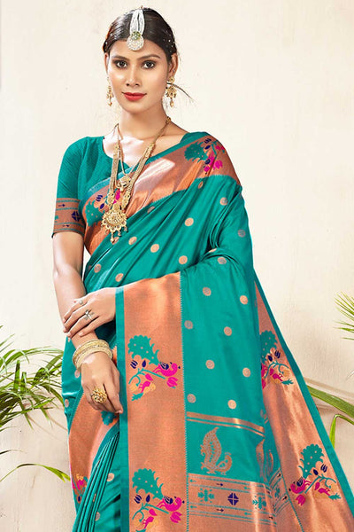 Shop Aiza Turquoise Paithani Art Silk One Minute Saree at best offer at our  Store - One Minute Saree