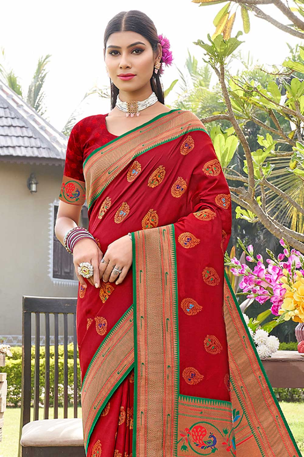 Shop Mitra Red Paithani Art Silk One Minute Saree at best offer at our  Store - One Minute Saree