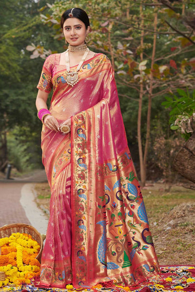 Buy Tanya Pink Paithani Art Silk One Minute Saree Online - One Minute Saree