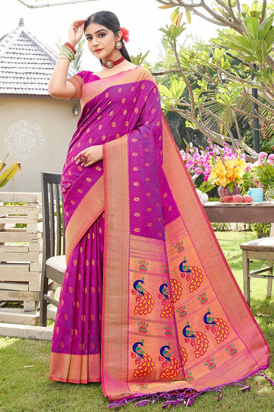 Buy Ekta Purple Paithani Art Silk One Minute Saree Online - One Minute Saree