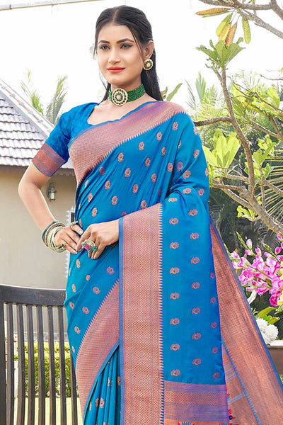 Buy Aneena Blue Paithani Art Silk One Minute Saree Online - One Minute Saree