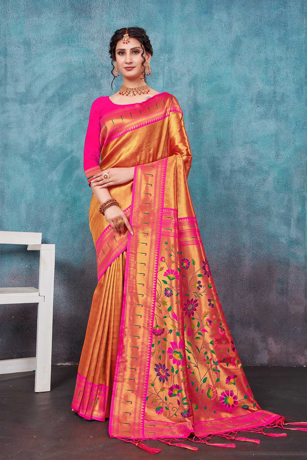 Shop Leah Orange Paithani Art Silk One Minute Saree at best offer at our  Store - One Minute Saree