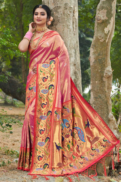 Buy Krish Pink Paithani Art Silk One Minute Saree Online - One Minute Saree