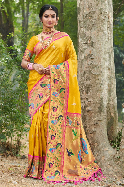 Shop Charmi Yellow Paithani Art Silk One Minute Saree at best offer at our  Store - One Minute Saree