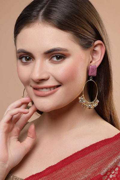 Buy Kashvi Pink Gold-Plated with Natural Stones Chandbali Earrings Online - One Minute Saree