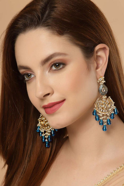 Buy Senaya Blue & White Gold-Plated Kundan and Pearl Chandelier Earrings Online - One Minute Saree