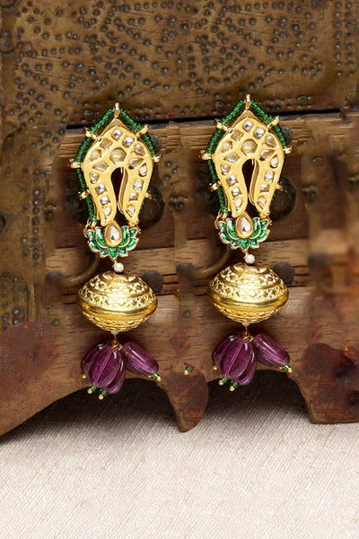 Buy Rukia Purple & Green Gold-Plated Kundan with Pearls Chandbali Earrings Online - One Minute Saree