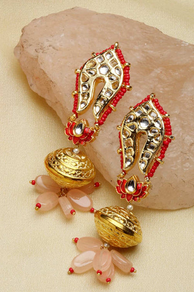 Buy Deepal Pink & Red Gold-Plated Kundan withPearls Chandbali Earrings Online - One Minute Saree