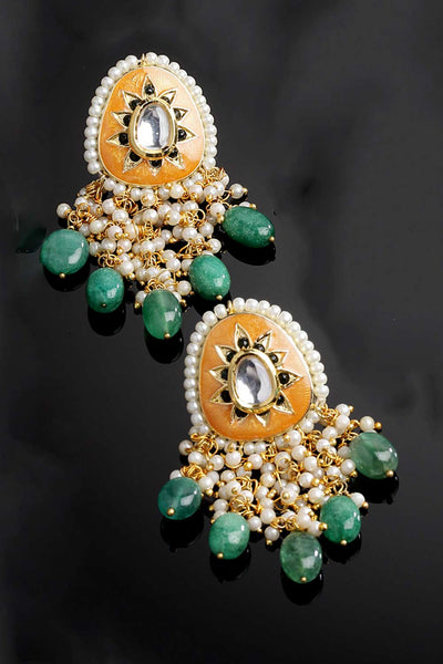 Buy Phebe Orange & Green Gold-Plated Kundan with Pearls Chandbali Earrings Online - One Minute Saree