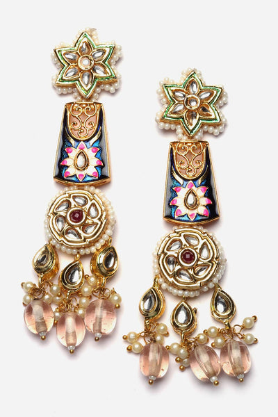 Buy Navya Pink & Blue  Kundan with Pearls Drop Earring Online