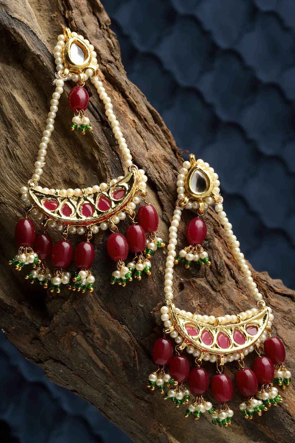 Shop Shrisha Red & Green Natural Stone Kundan with Pearls Drop Earrings at best offer at our  Store - One Minute Saree