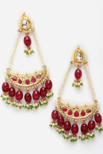 Buy Shrisha Red & Green Natural Stone Kundan with Pearls Drop Earrings Online