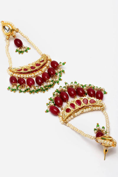 Buy Shrisha Red & Green Natural Stone Kundan with Pearls Drop Earrings Online - Back