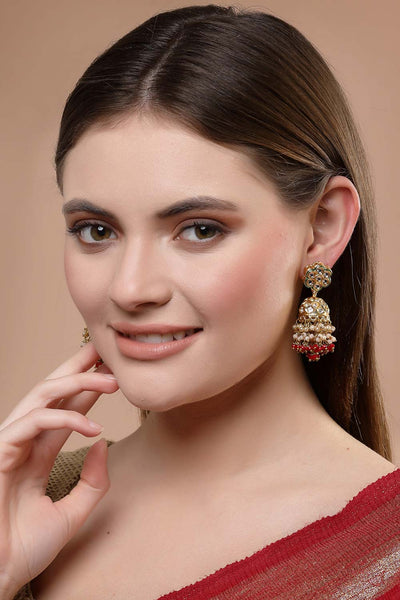 Buy Robena Red Stone with Gold-Plated Kundan Diamonds & Pearls Jhumka Earrings Online - One Minute Saree
