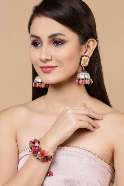 Buy Liliana Pink & Peach Silver-Plated Kundan with Pearls Jhumka Earrings Online - One Minute Saree