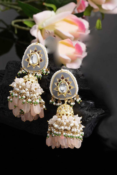 Buy Ilena Pink & Grey Gold-Plated Kundan with American Diamonds Jhumka Earrings Online - One Minute Saree