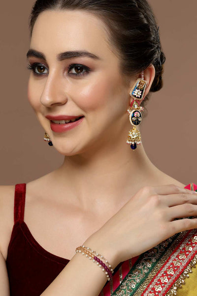 Buy Neri Blue & Pink Kundan with American Diamonds Jhumka Earrings with Hair Chain Online - One Minute Saree