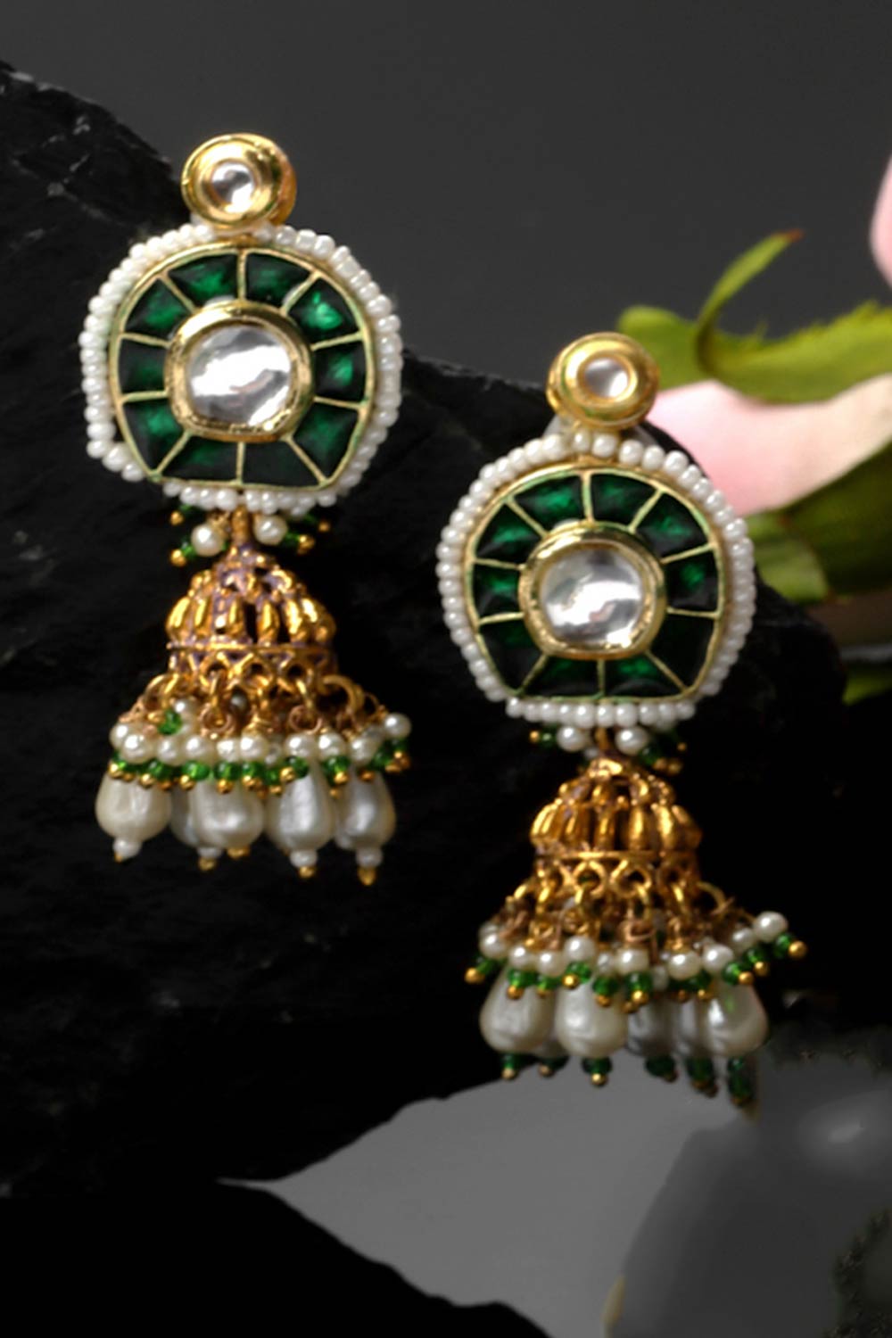 Shop Cerah Dark Green & Gold Kundan with Pearls Jhumka Earrings at best offer at our  Store - One Minute Saree