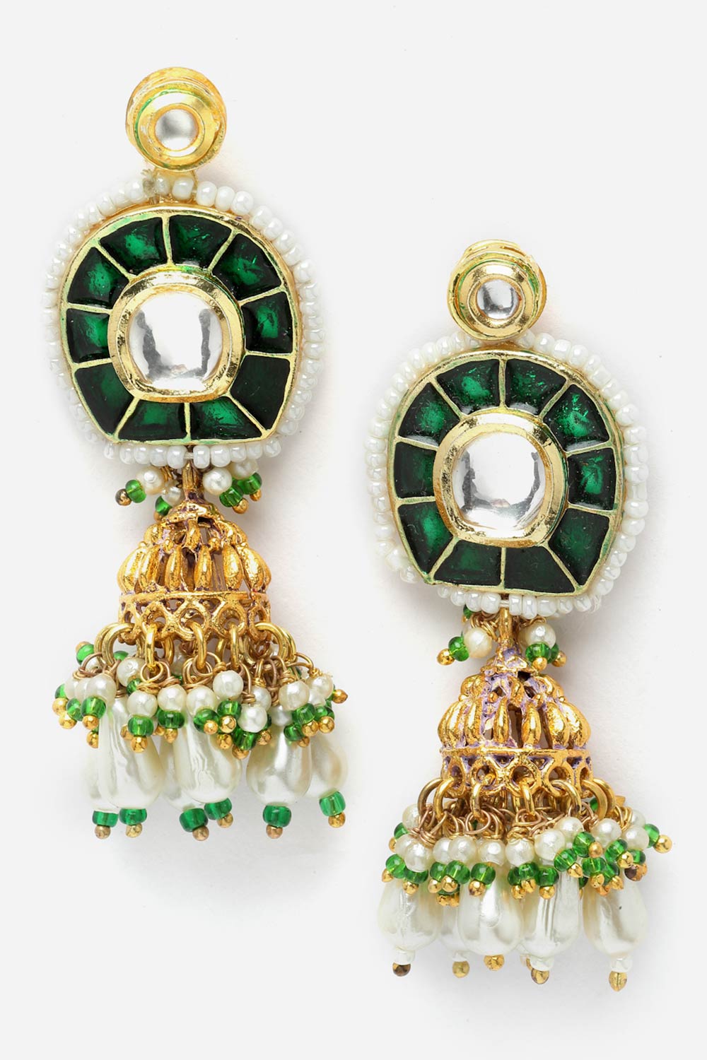 Buy Cerah Dark Green & Gold Kundan with Pearls Jhumka Earrings Online