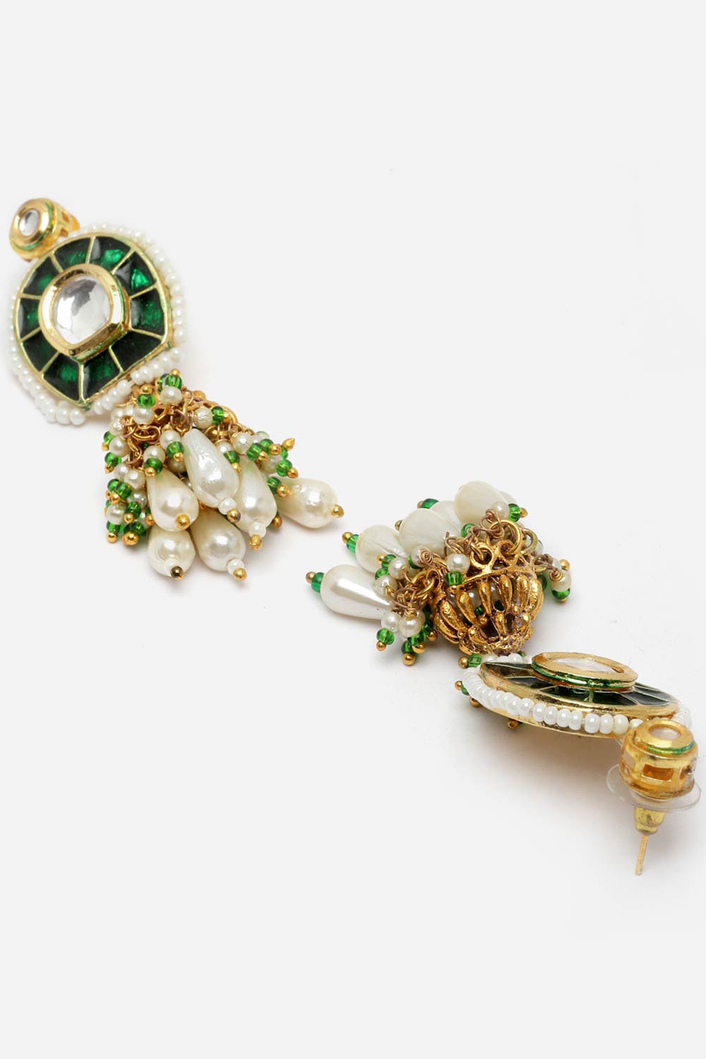 Buy Cerah Dark Green & Gold Kundan with Pearls Jhumka Earrings Online - Back