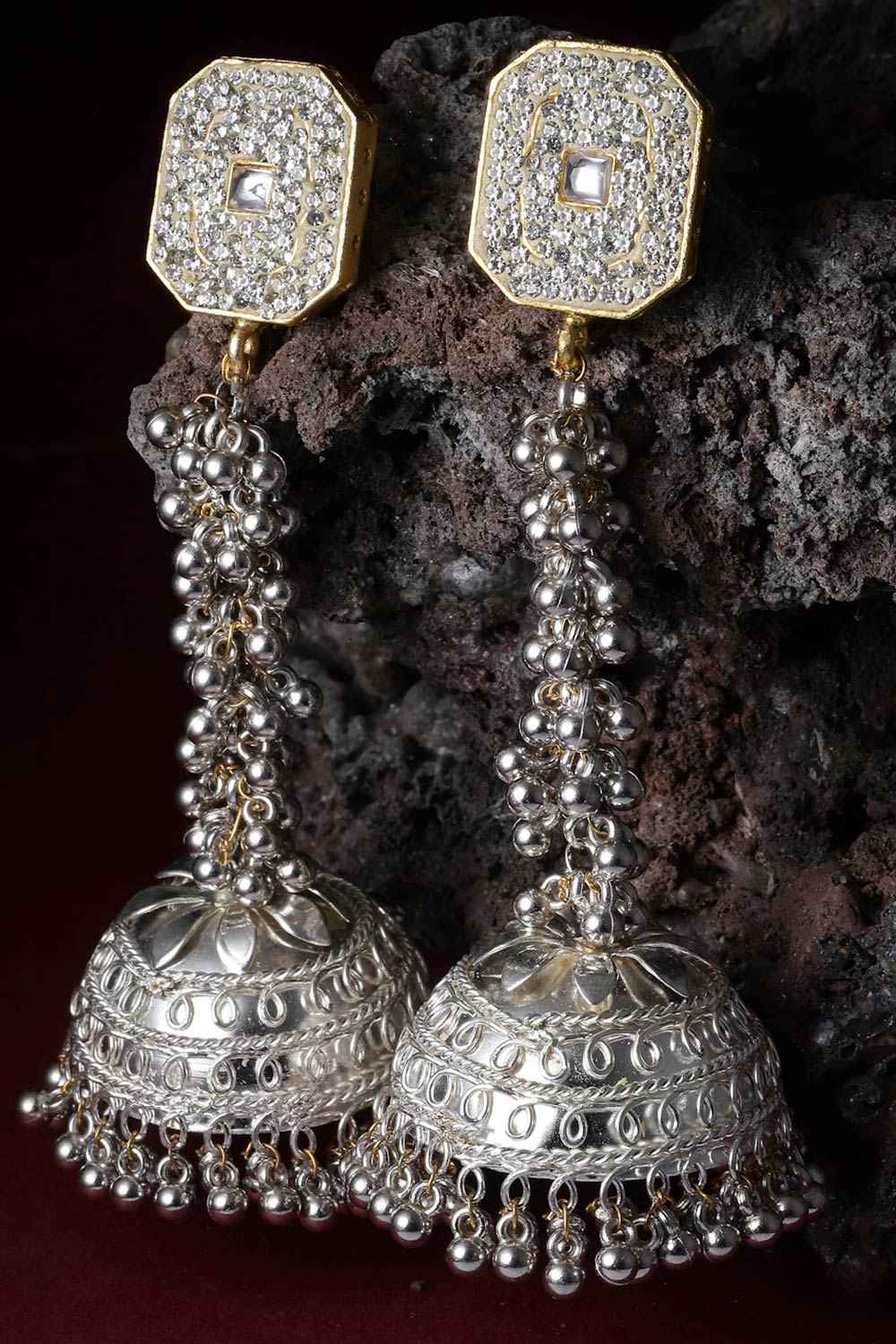 Shop Alyona Silver & Gold American Diamonds with Pearls Jhumka Earrings at best offer at our  Store - One Minute Saree