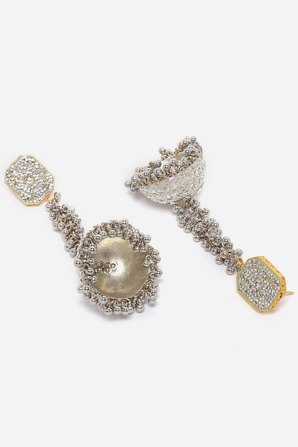 Buy Alyona Silver & Gold American Diamonds with Pearls Jhumka Earrings Online - Back
