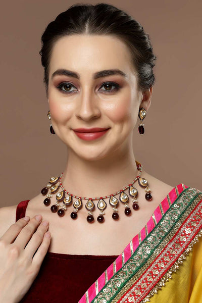 Buy Marella Purple & Gold Kundan with Pearls Necklace and Earrings Set Online - One Minute Saree