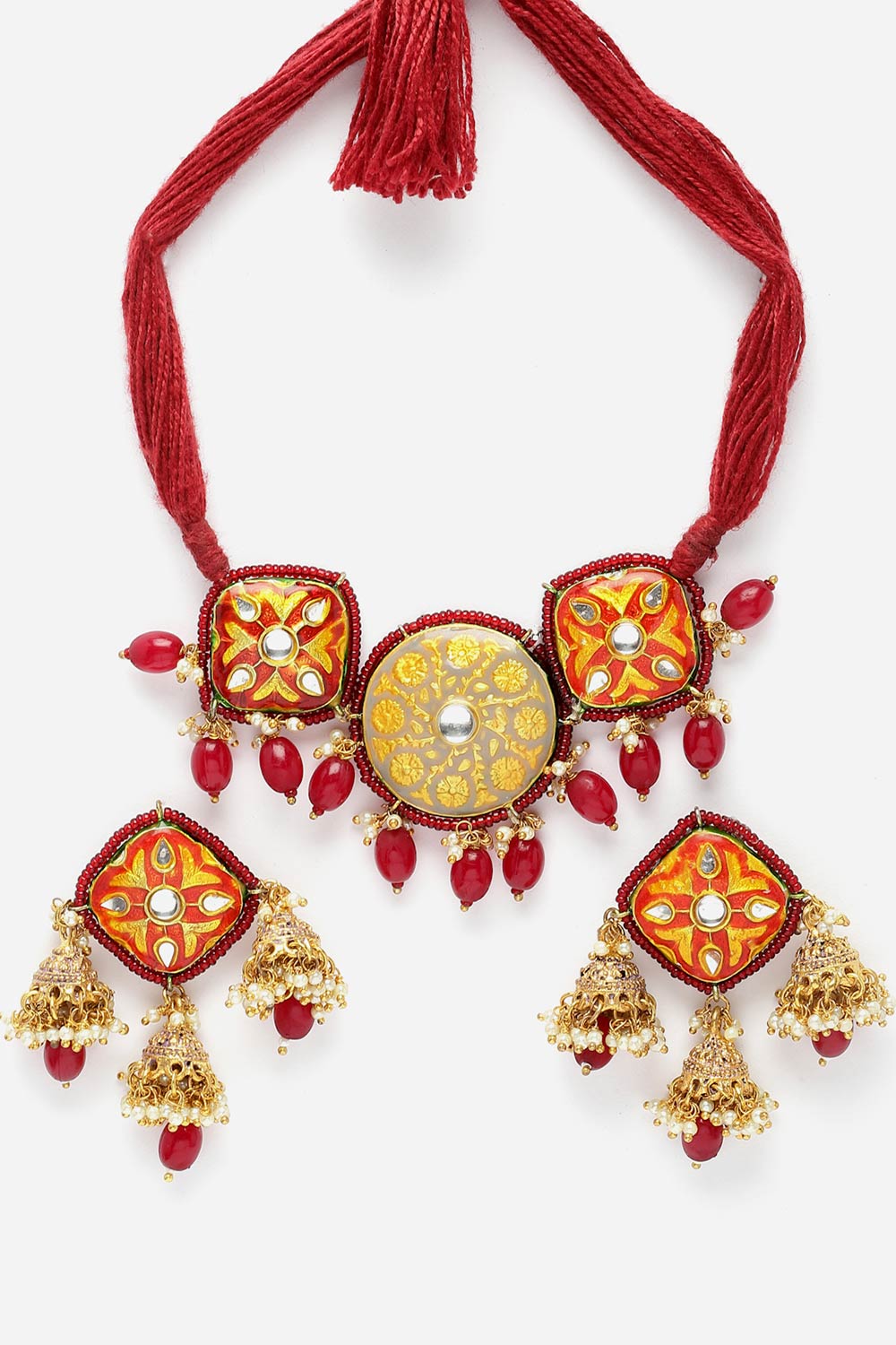 Buy Arsheen Yellow & Orange Ceramic Kundan with Pearls Necklace and Earrings Set Online - Back