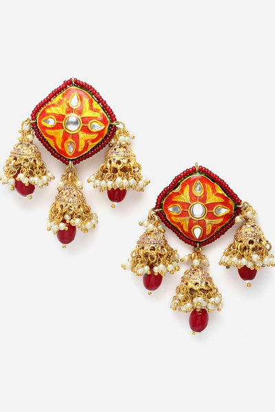 Buy Arsheen Yellow & Orange Ceramic Kundan with Pearls Necklace and Earrings Set Online - Front