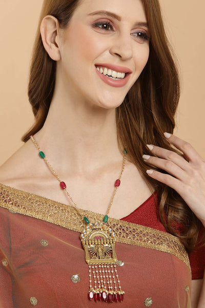 Buy Roshni Red & Green Gold-Plated Kundan with Pearls Haar Necklace Online - One Minute Saree