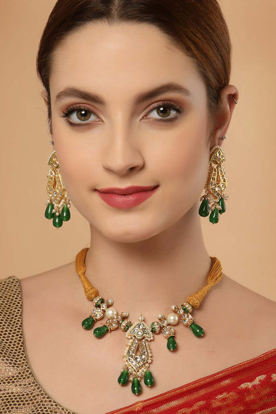 Buy Bhaswati Green & Orange Gold-Plated Kundan with Pearls Necklace and Earrings Set Online - One Minute Saree