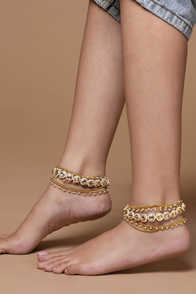 Buy Neli Gold & White Kundan And Pearls Adjustable Anklet Online - One Minute Saree