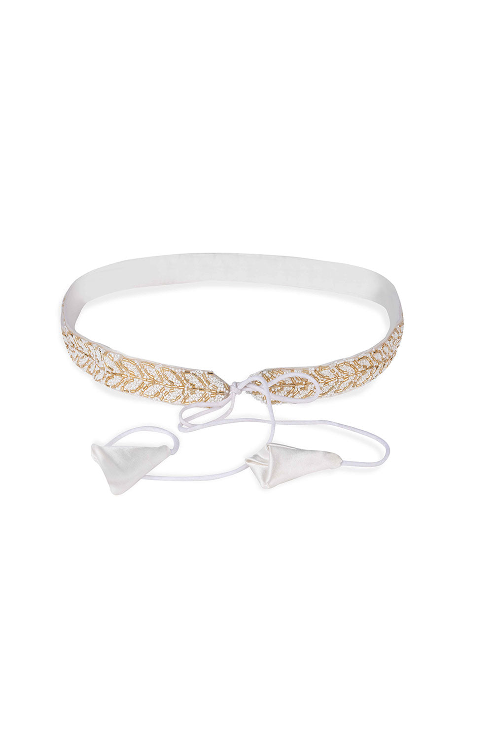 Buy Athena White & Gold Beads Leaf Design Tie Belt for Saree & Dresses Online - One Minute Saree