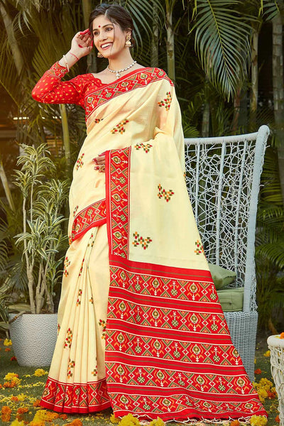 Buy Indira Off White Silk Blend Geometric Digital Print Sambalpuri One Minute Saree Online - One Minute Saree