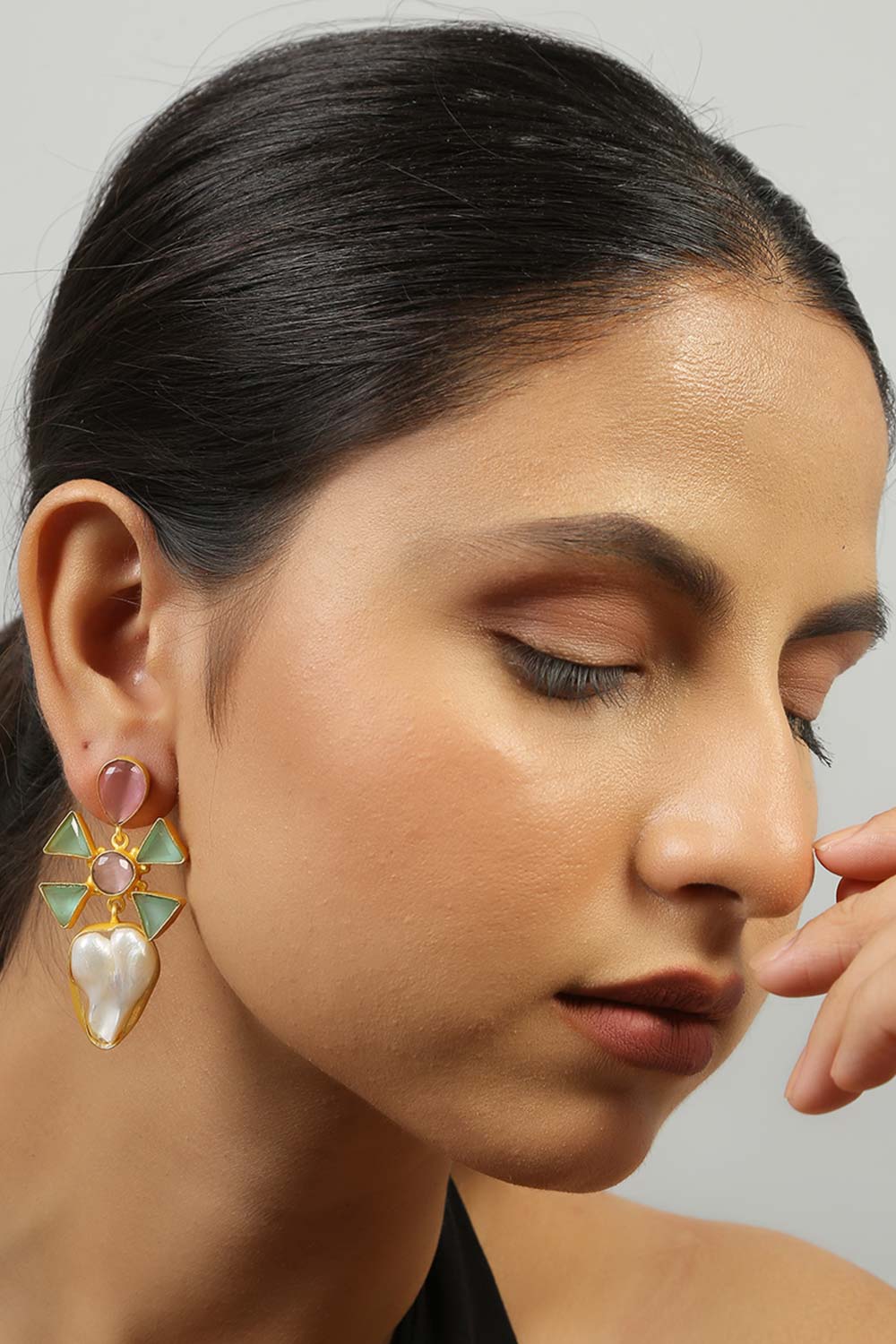Buy Jazara Pink & Green Monalisa Stone and Baroque Pearl Earrings Online - Back