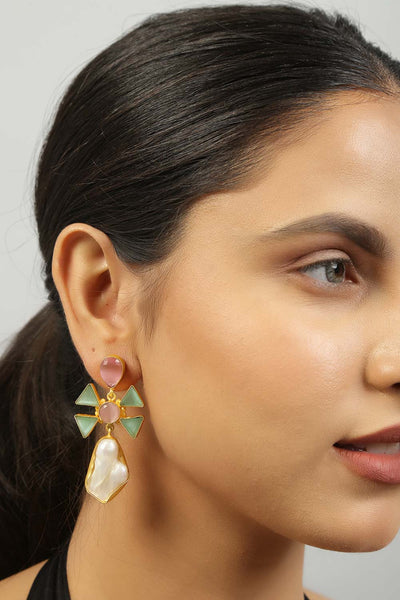 Buy Jazara Pink & Green Monalisa Stone and Baroque Pearl Earrings Online - Front