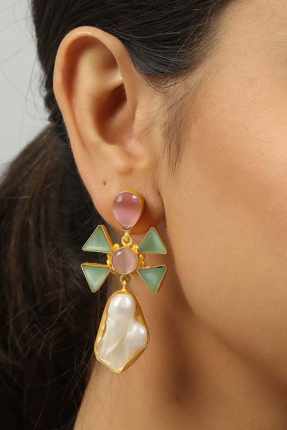 Shop Jazara Pink & Green Monalisa Stone and Baroque Pearl Earrings at best offer at our  Store - One Minute Saree