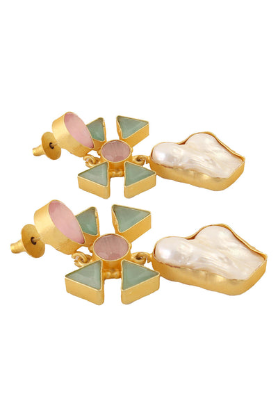 Buy Jazara Pink & Green Monalisa Stone and Baroque Pearl Earrings Online - Side