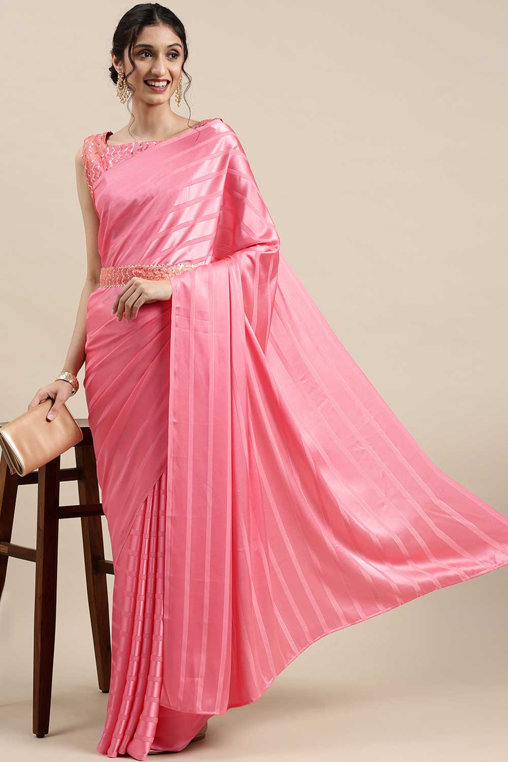 Buy Amrita Pink Striped Satin One Minute Saree Online