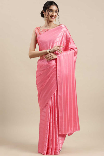Buy Amrita Pink Striped Satin One Minute Saree Online - One Minute Saree